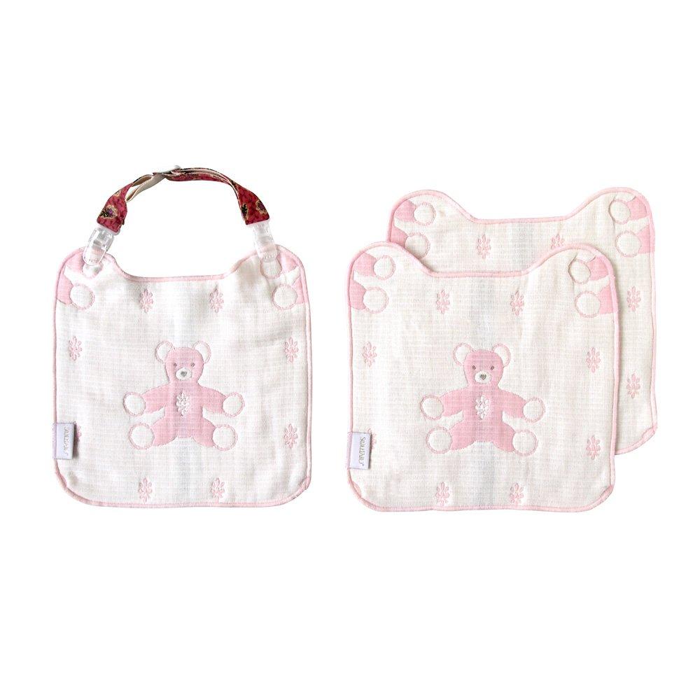 10mois SOULEIADO Soft Gauze Clip Handkerchief Bib Set Mon Nounours Pink (Dimowa) - (6-layer Gauze) & 3-piece