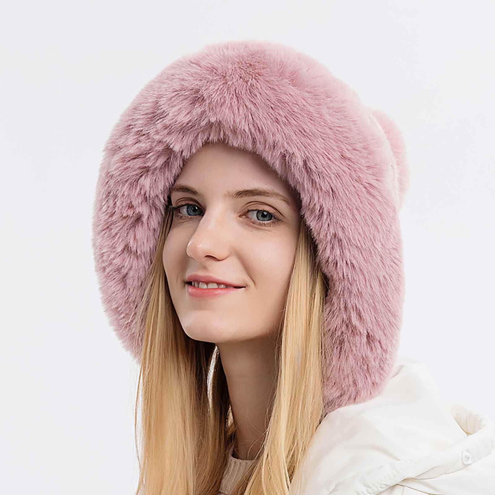 

Зимова тепла в язана шапка Fu-r Women Шапка-вушанка Два кульки Lady Outdoor Thicken Plush Flu-ffy Cap Russi-an Шапки для жінок One Size рожевий
