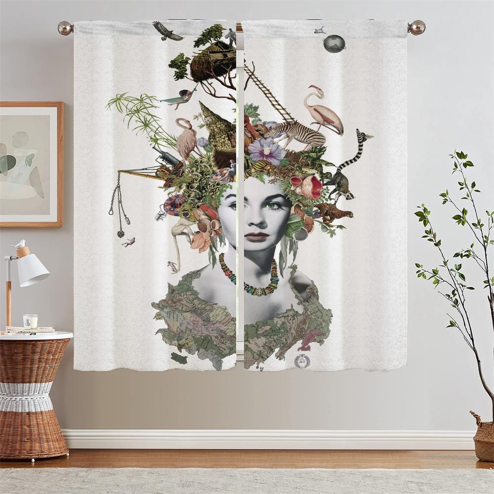 Modern Home Decoration Woman Portrait Short Window Curtains for Doors Children's Room Curtains for Living Room 2 Elegant Pieces
