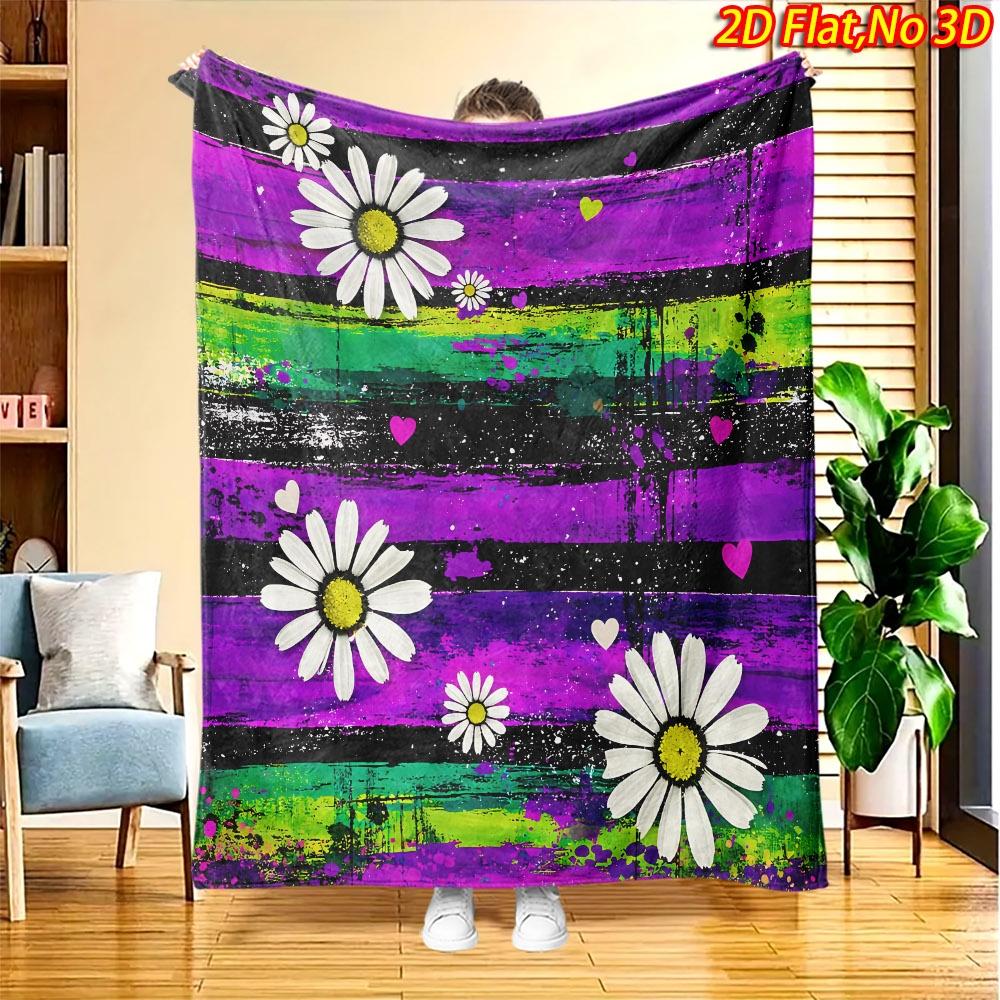1pc 2D Flat Printing Spring And Summer New Arrival Purple Green Veined Floral Heart Pattern Digital Print Blanket, All-Season Use, Casual Throw, 100%