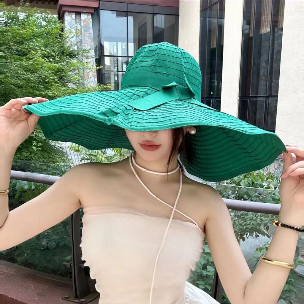 Women's foldable sun hat face protection bucket hat bow big eaves outdoor sun hat adult versatile