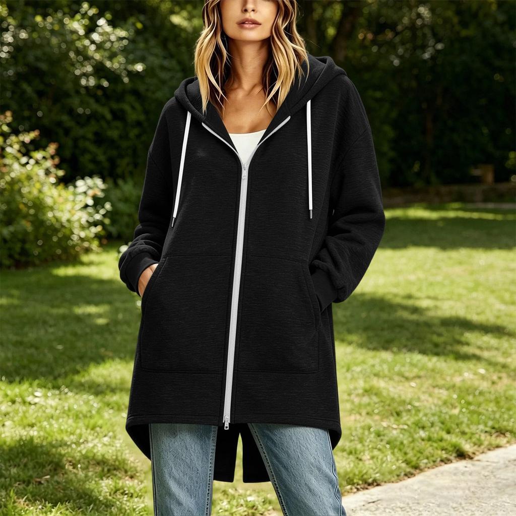 Women's Long Zip Up Hoodie Jacket Loose Fit Casual Outerwear with Pockets Lightweight Hooded Coat for Everyday Wear