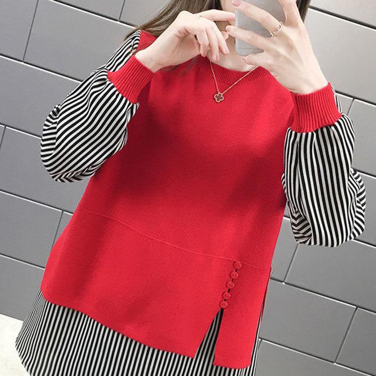 Blusa de dos piezas falsa de moda coreana para otoño e invierno, blusa informal de mujer con cuello redondo y manga larga con retazos