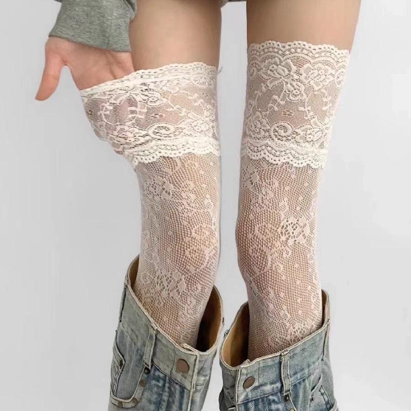 New Women Flower Lace Fishnet Thigh High Stockings Japanese Style JK Girl Sweet Lace Trim Frilly Over Knee Long Socks