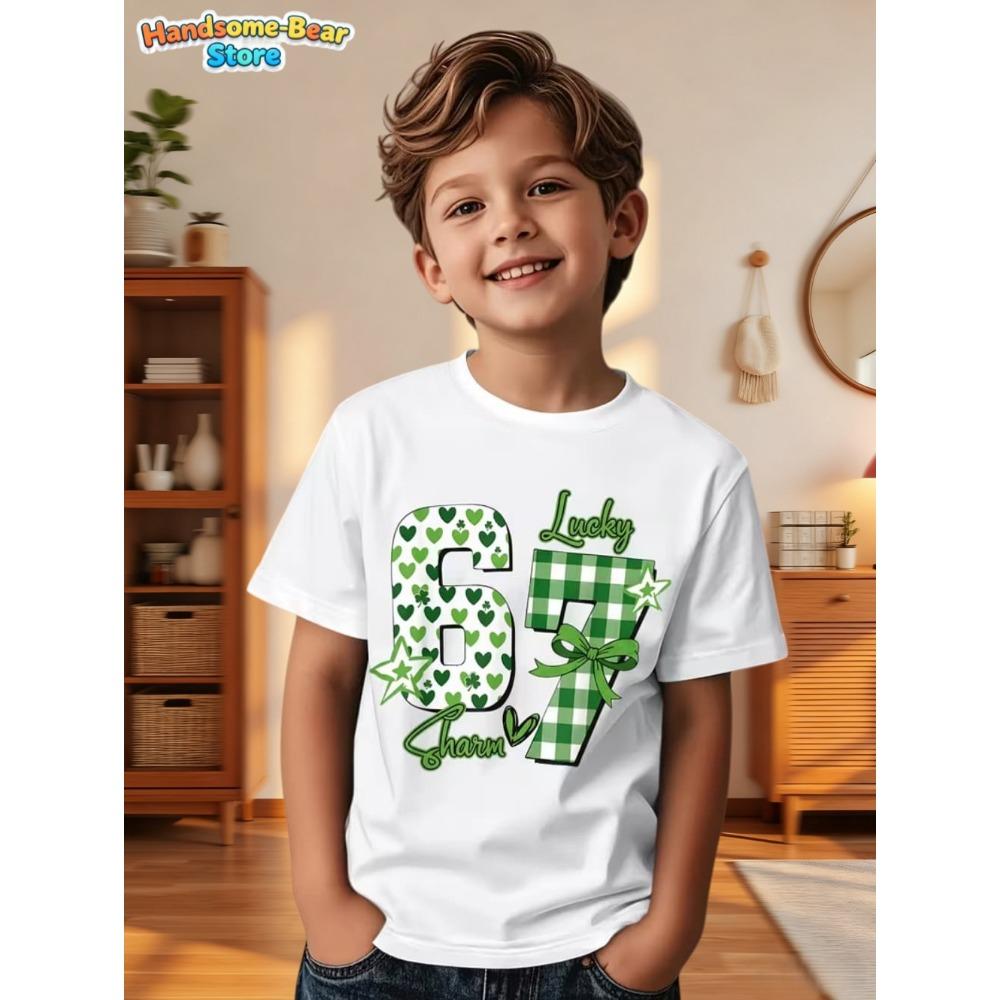 Six Seven Bruh 67 Meme Kids Clothes Happy St. Patrick's Day Girl Boy T-Shirt Children's Clover Irish Day Crew Neck Short Sleeves