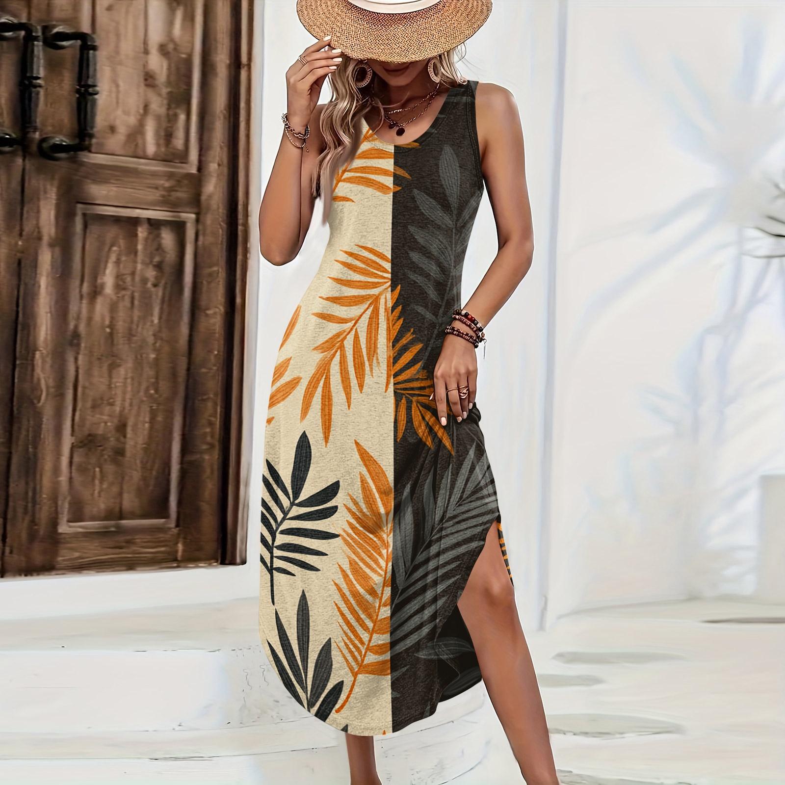 

Women s Sleeveless Casual Loose Fit Long Dress Hawaiian Print Summer Beach Dress Side Slit Maxi Dress for Vacation M