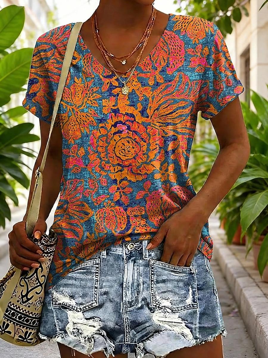 

Women s T Shirt Print Graphic Geometric Plants Vintage Stylish Classic Short Sleeve V Neck Regular Tops Daily Blue Yellow Orange Summer Spring S
