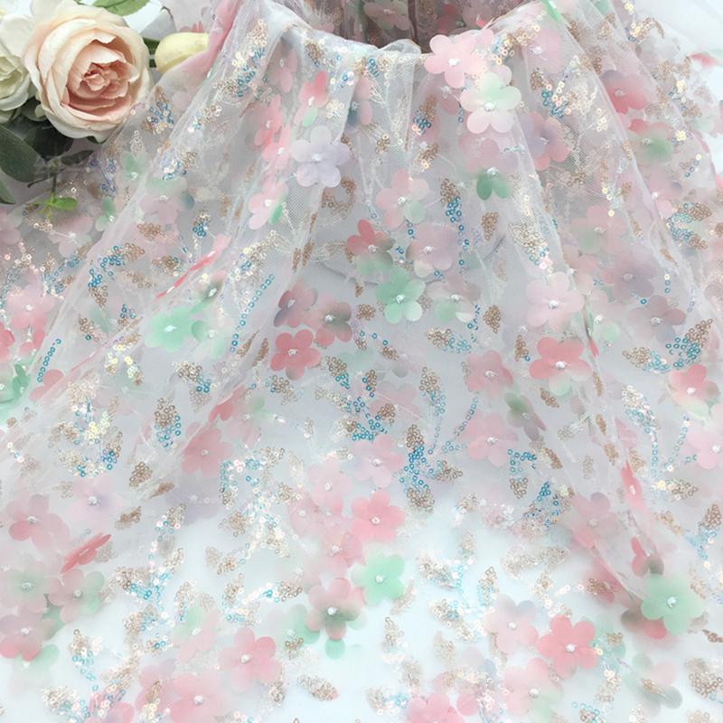 100x130cm 3D Floral Sequin Tulle Fabric Printed Sheer Mesh Cloth Glitter Sequin Net for Wedding Dress DIY Sewing Decor Material