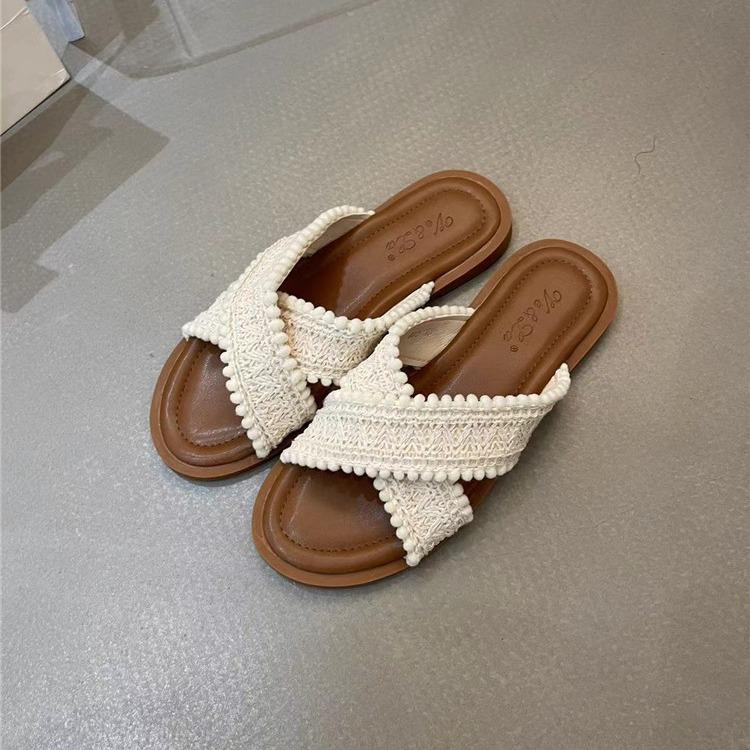 Papuci etnici cool 2025 nou vară vintage împletiți încrucișați boem student plat pantofi romani