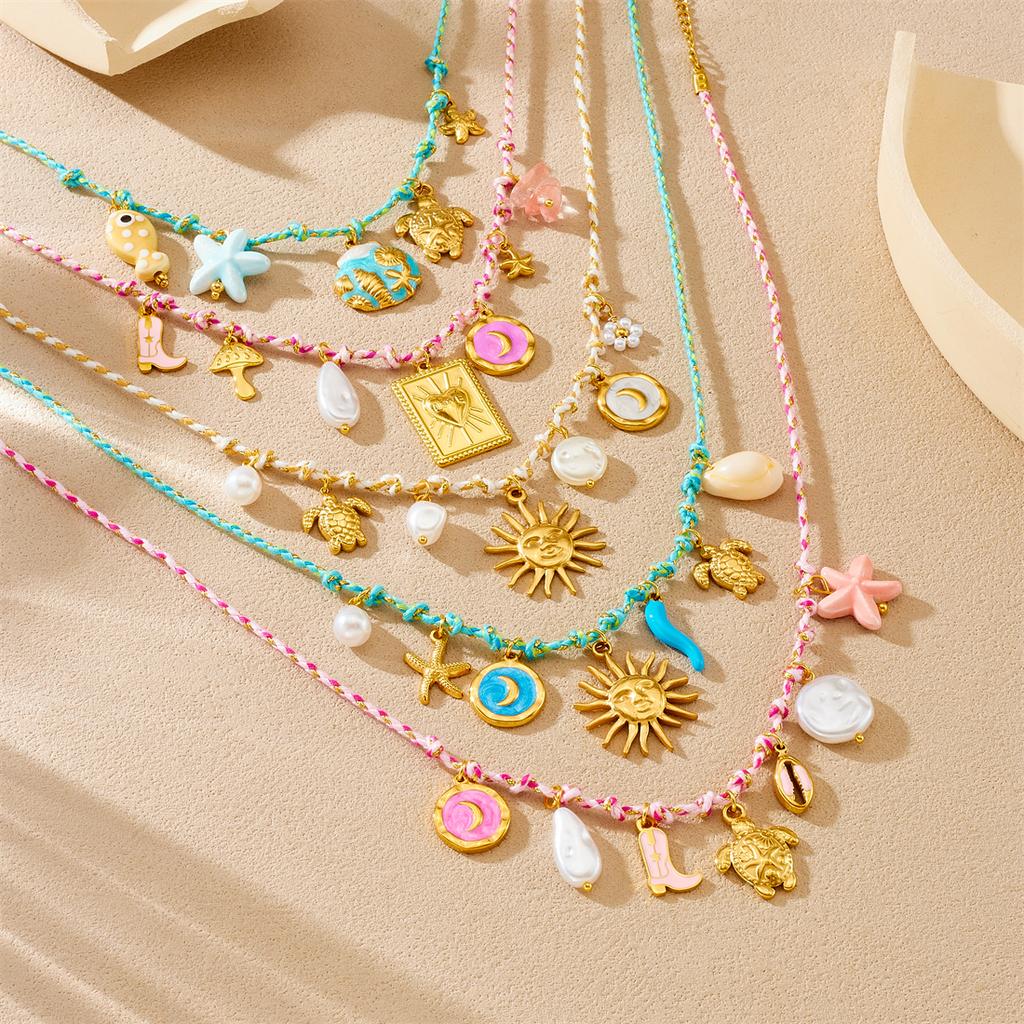 DIEYURO 316L Stainless Steel Sun Flower Heart Crystal Multi Pendant Necklace Lady Vintage Colored Woven Rope Neck Chain Jewelry