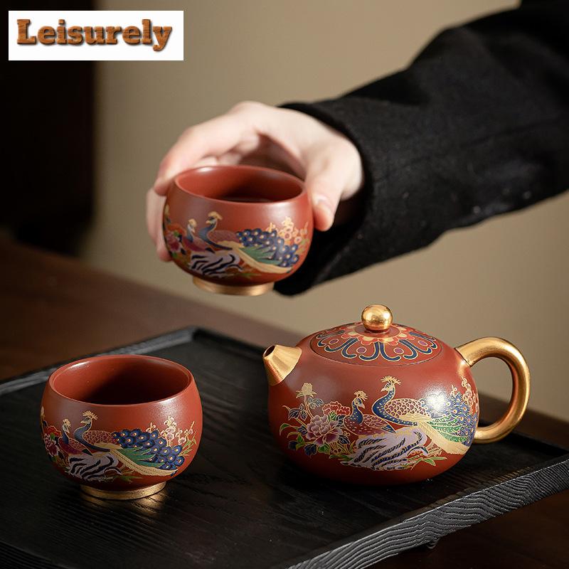 Set de ceai din lut violet Phoenix Dahongpao, lucrat manual, set complet, set antic pentru ceremonia ceaiului, 1 ibric și 4 cești, colecție de articole pentru ceai