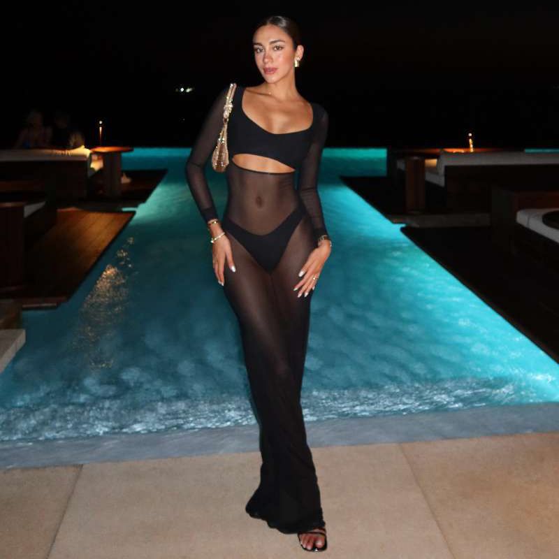 Mesh Hollow out Long Sleeve Dress Set Mesh Hollow Long Sleeves Dress Suit