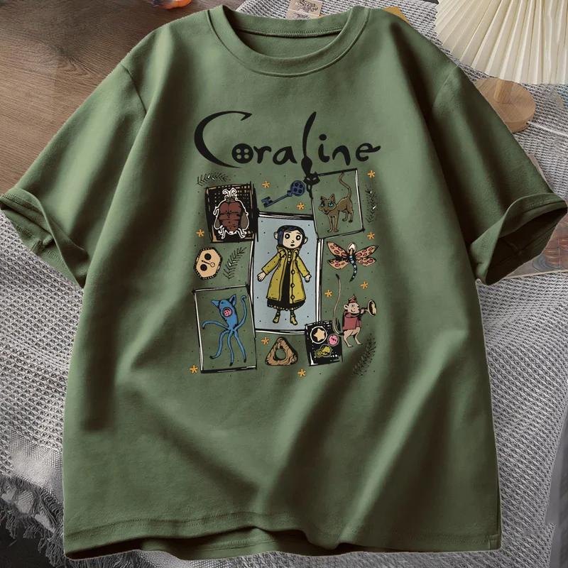 

Футболка Coraline Halloween для мужчин, жуткая винтажная футболка Harajuku, осенняя футболка с коротким рукавом, хлопковая женская одежда, футболки мужские L