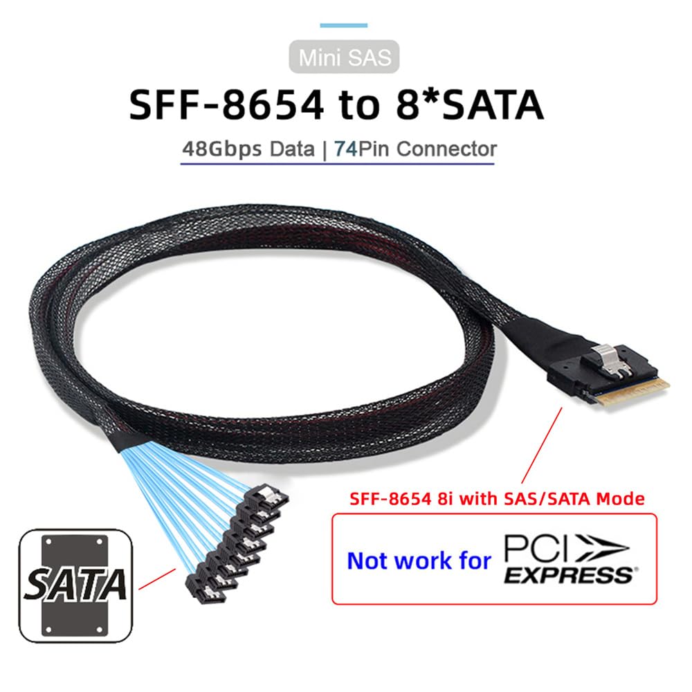 Xiwai 8i Slimline SAS Host RAID To 8 SATA Target Data Transfer Hard Disk Fanout RAID Cable with 1 To 8 SFF-8654 74-Pin 4.0 7-Pin Splitter, 0.5M