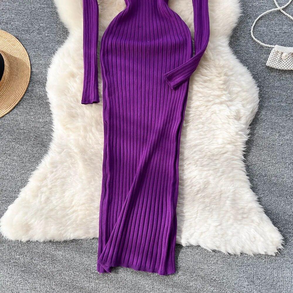 Women Autumn Knitted Dress O Neck Sexy Slim Elastic Oversized Basic Bodycon Long Dress Winter Knit Warm Sweater Dresses