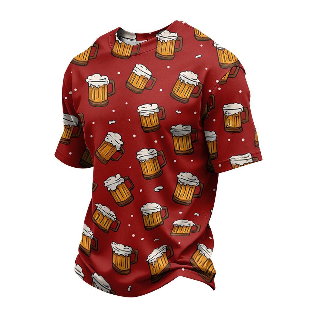 Men's Casual Quick Dry Crew Neck Lightweight Mesh Breathable Short Sleeve Shirt with Beer Festival Pattern Suitable for Summer Outdoor Activities