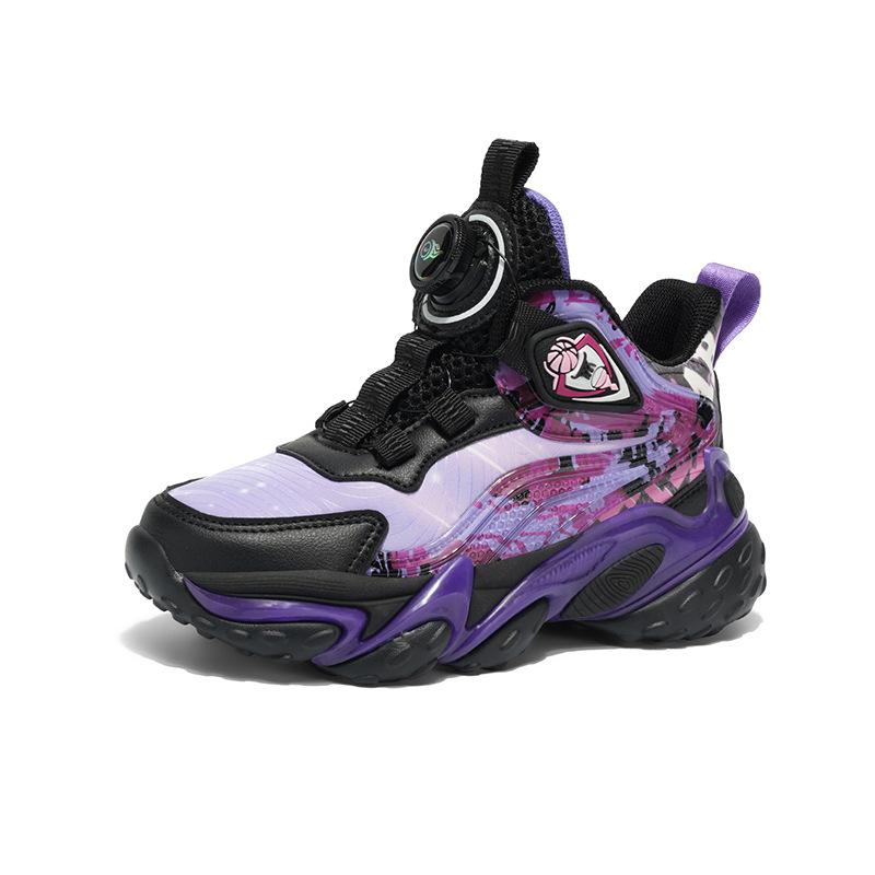 Spot thick-soled leather surface children's basketball shoes non-slip rotating buckle comfortable sports shoes cool color scheme running shoes
