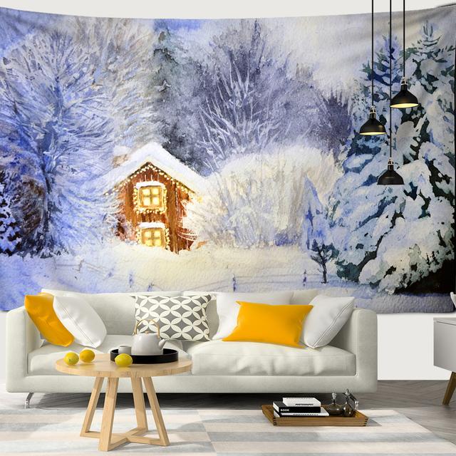Snow Christmas Tree Fireplace Santa Claus Print Tapestry Wall Hanging Background Cloth Decor Christmas Home Room Wall Decoration