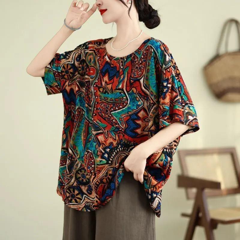 Summer Loose Women's Printed Round Neck Top Short Sleeve Ethnic Style