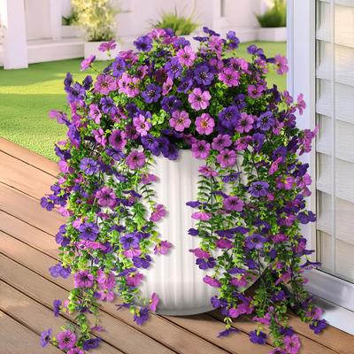 2 flori artificiale suspendate pentru exterior, rezistente la UV, frunziș violet și verde artificial, perfecte pentru verandă, terasă, grădină, flori de exterior