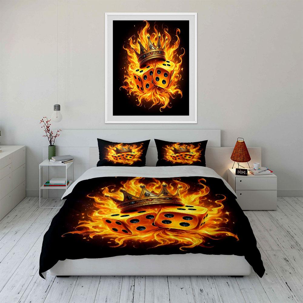 Fiery Crown and Dice Design Bedding Duvet Cover Set  (1*Duvet Cover 2*Pillowcases, without duvet insert)