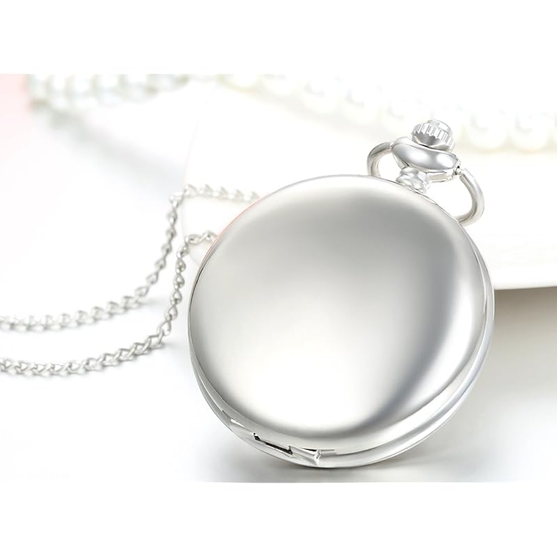 JewelryWe Antique-Style Pocket Watch Necklace, Pendant Watch, Mirrored Full Hunter Design, Simple Silver, Alloy, Valentine's Day Gift