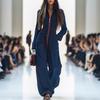 Women's Zip Up Long Sleeve Denim Jumpsuit Slim Fit V Neck Wide Leg Jumpsuit With Pockets