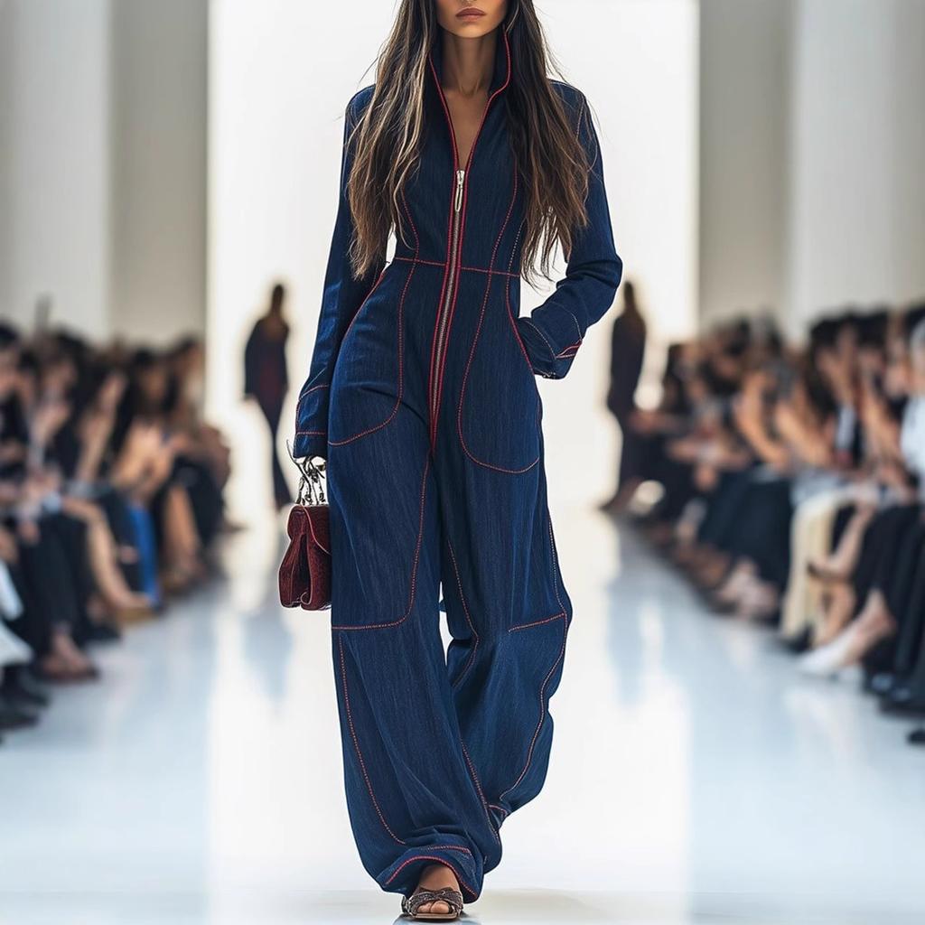Women's Zip Up Long Sleeve Denim Jumpsuit Slim Fit V Neck Wide Leg Jumpsuit With Pockets