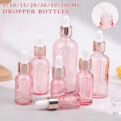 Dropper Bottles Refillable 5-100ML Rose Lid Cosmetic Container Pink Glass Aromatherapy Liquid Pipette For Essential Massage