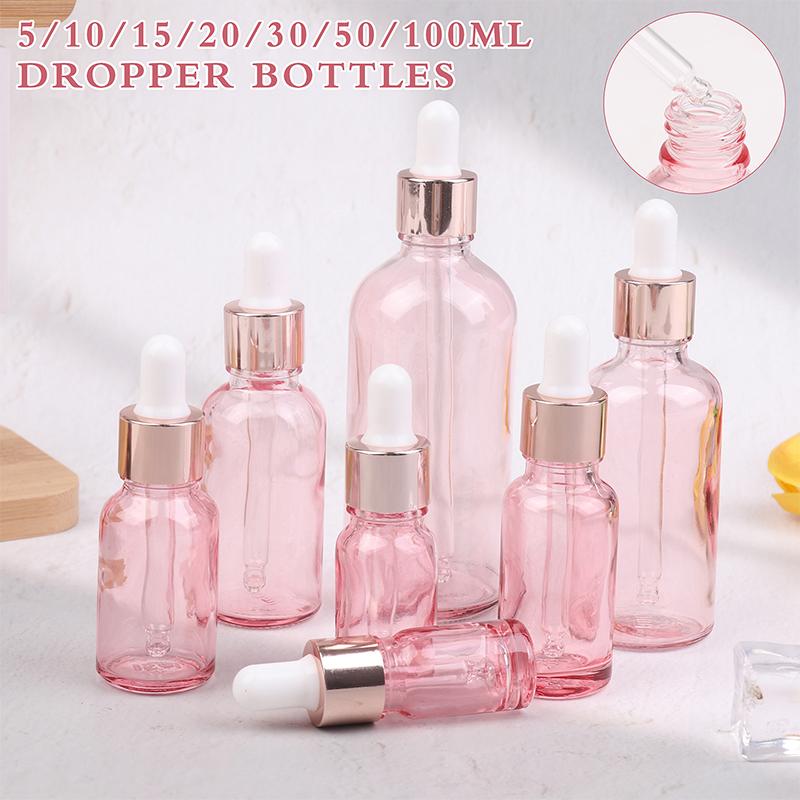 Dropper Bottles Refillable 5-100Ml Rose Lid Cosmetic Container Pink Glass Aromatherapy Liquid Pipette For Essential Massage