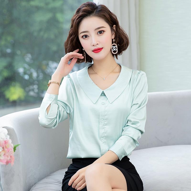 Camisa de satén de manga larga con cuello de muñeca para mujer, color rojo, versátil y moderna, para otoño