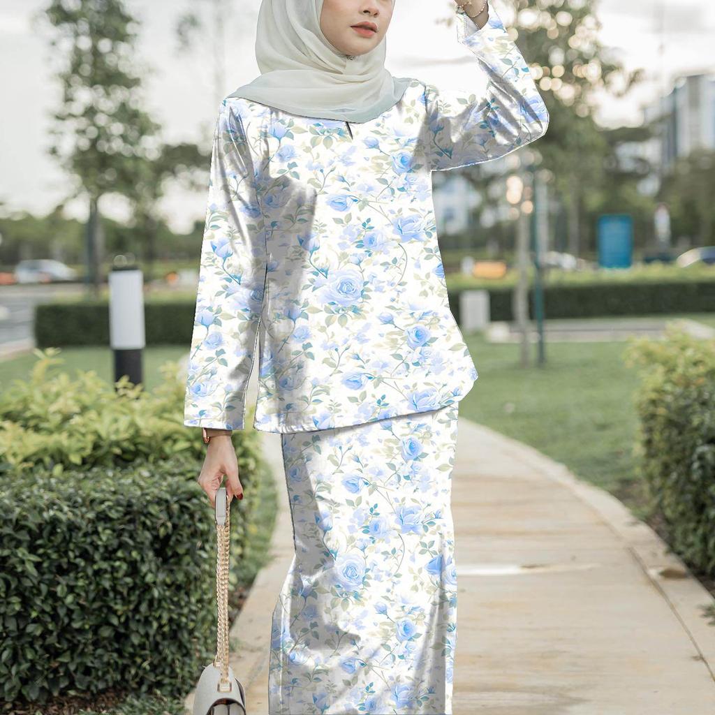 New design printed pattern chiffon fabric Kulong Pahang ladies Muslim suit comfortable breathable elegant sweet series fashion trend classic