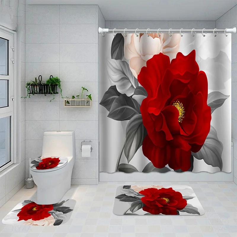 

3D Rose Flower Waterproof Shower Curtain Set Non-Slip Floor Mat Sets Bathroom Sets With Shower Curtain And Rugs Bathroom Decor W60H190(CM)-1 Pcs
