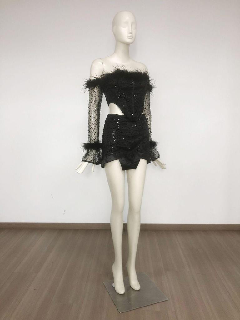 Plush Sequin Off-Shoulder Sexy Set: Long-Sleeve Top & Hip-Hugging Mini Skirt