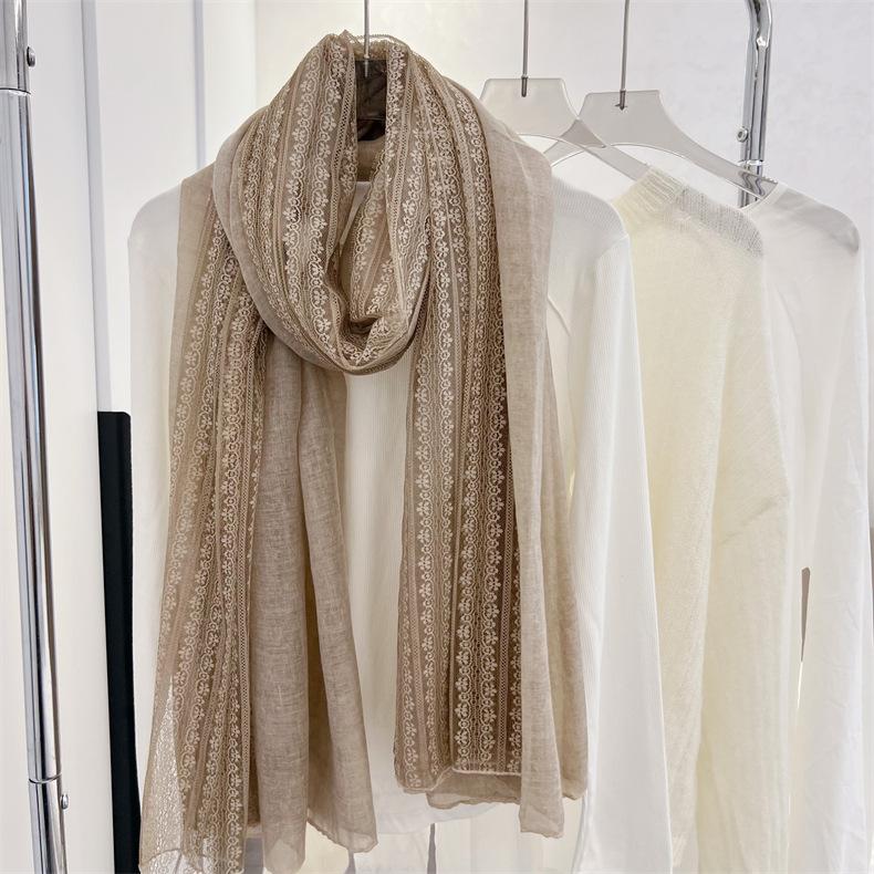 Korean Style Literary Linen Color Cotton Linen Thin Scarf Fashionable Women's Outer Shawl Spring and Summer Fashionable Solid Color Lace Scarf