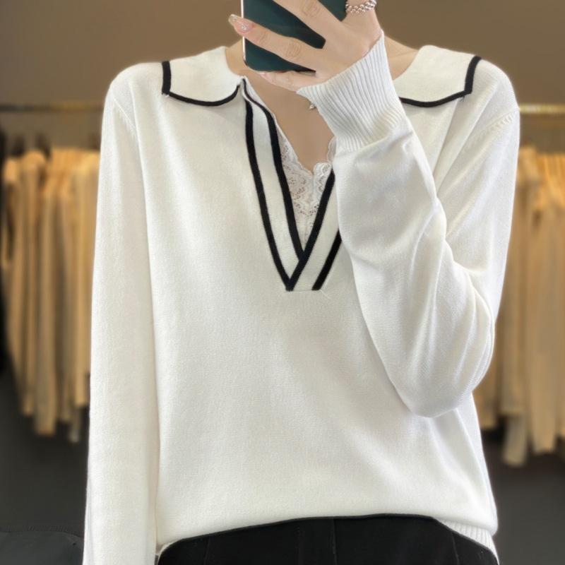 Lapel Knit Sweater Women's Spring and Autumn Loose Casual Color Collision Fashion Polo Sweater