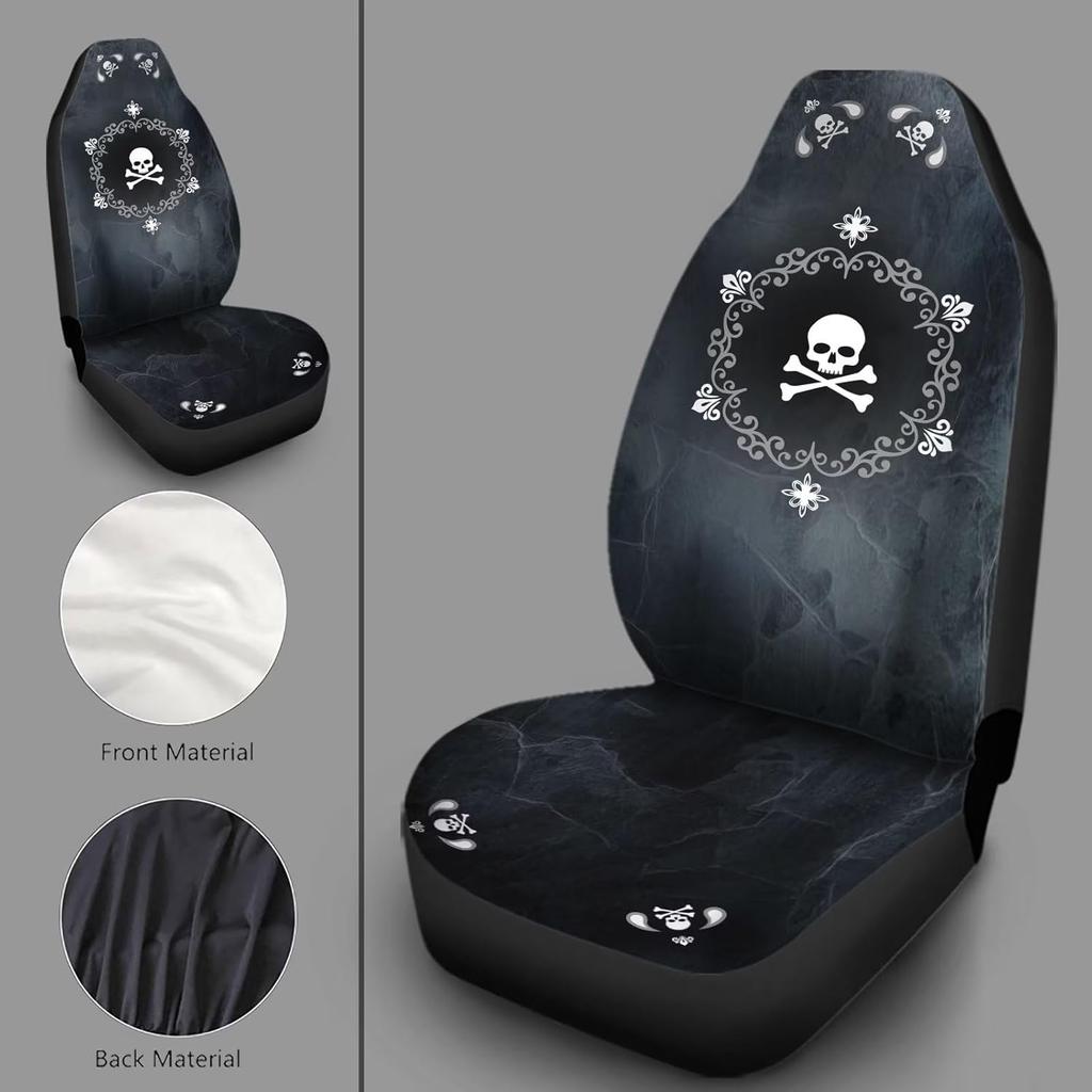 Bulopur Cute Black Gray Skull Set of 2 Car Seat Covers Universal Auto Front Seats Protector Fits for Car,SUV Sedan,Truck