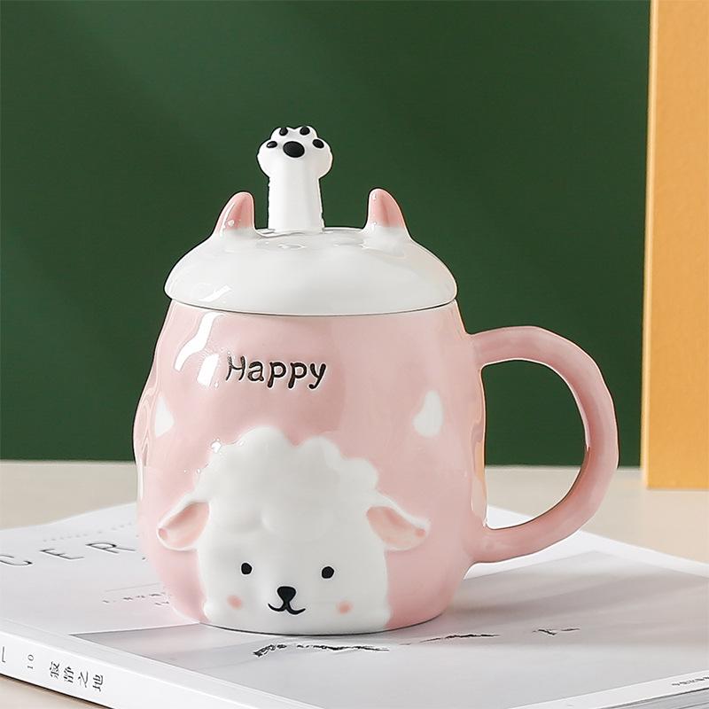 Simple Ceramic Cup with Llid Spoon Japanese Style Mug Office Large Capacity Cup Coffee Tea Water Cup 401-500ml
