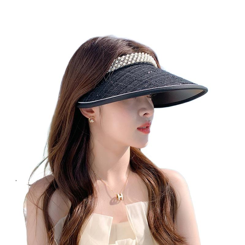 Summer sunscreen sunshade empty top hat Korean version versatile pearl hat women's vinyl big eaves headband sun hat