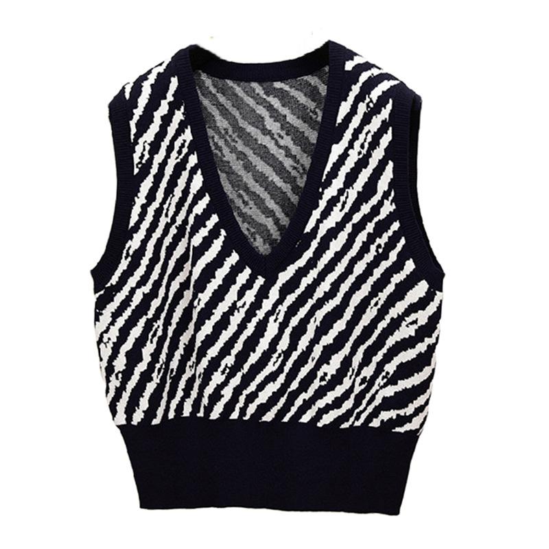 European and American Sleeveless Vest Vest Women's Striped V-neck Loose Sweater Zebra Pattern Animal Pattern Fashion Cross-border Knitted Sweater