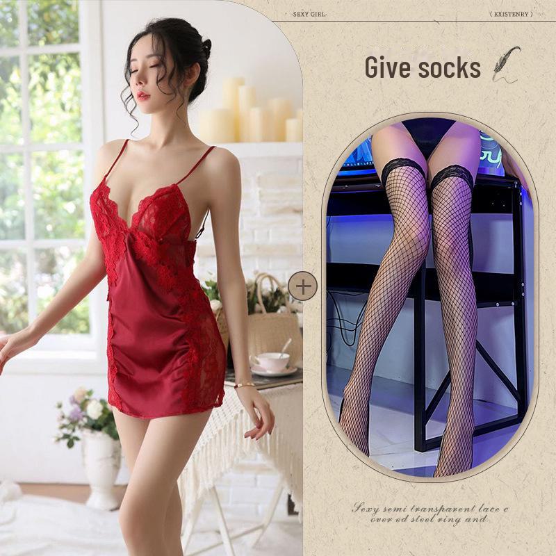 Sexy Temptation Lace Ice Silk Nightdress - Erotic Backless Lingerie for Women