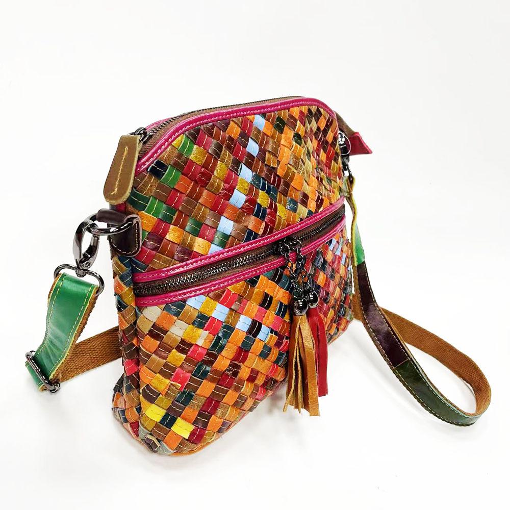Wind Women'S Bag Color Matching Hand-Woven Cowhide Shoulder Messenger Bag Women'S Bag Genuine Leather
