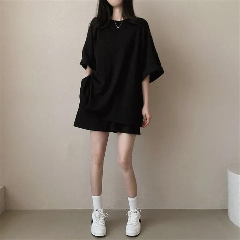 

Women Summer 2 Piece Outfit Set Loose Casual O-Neck Short Sleeve T-Shirt And High Waist Shorts Solid Loungewear Tracksuit With Pockets L