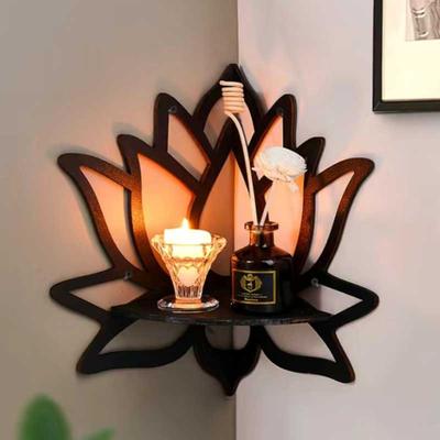 Prateleira decorativa de madeira Lotus Hollow Organizador de aromaterapia Suporte para velas de óleo essencial Prateleira de canto montada na parede