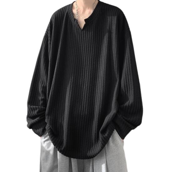 Spring Autumn Men Top V Neck Long Sleeves Oversized Solid Color Loose Mid Length Striped Texture Pullover Hip Hop Streetwear Sweatshirt