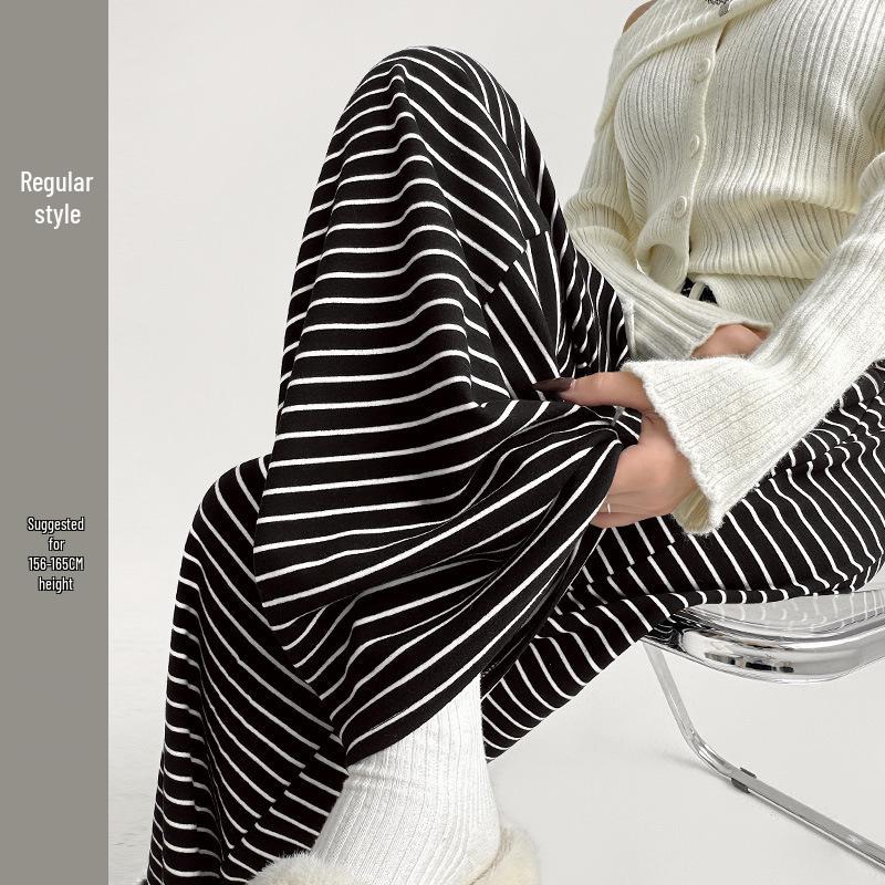 2025 Women's Black Stripe High Waist Wide Leg Pants - Spring/Autumn, Slimming & Casual
