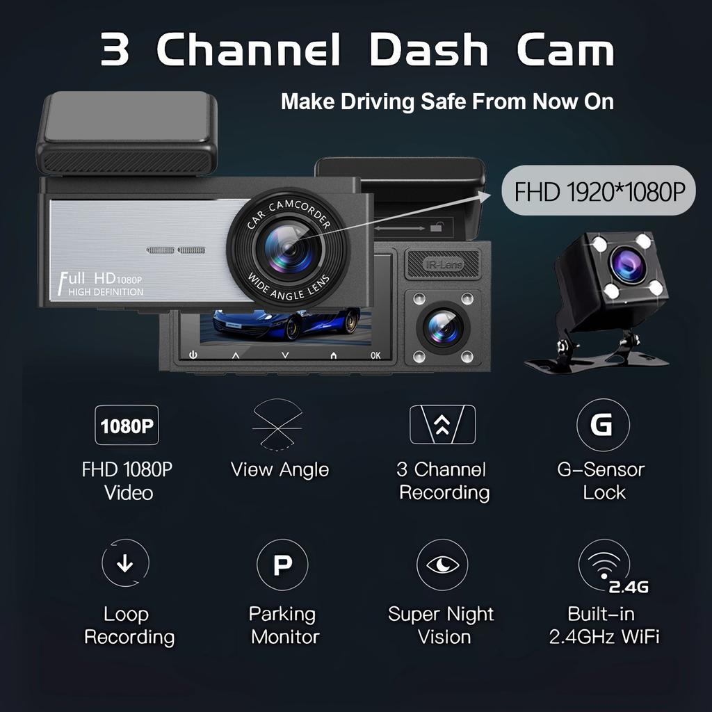 3 Channel Dash Cam HD 1080P Wifi Inside Vehicle Car DVR Three Way Lens Camera DVRs Recorder Video Registrator Dashcam Camcord