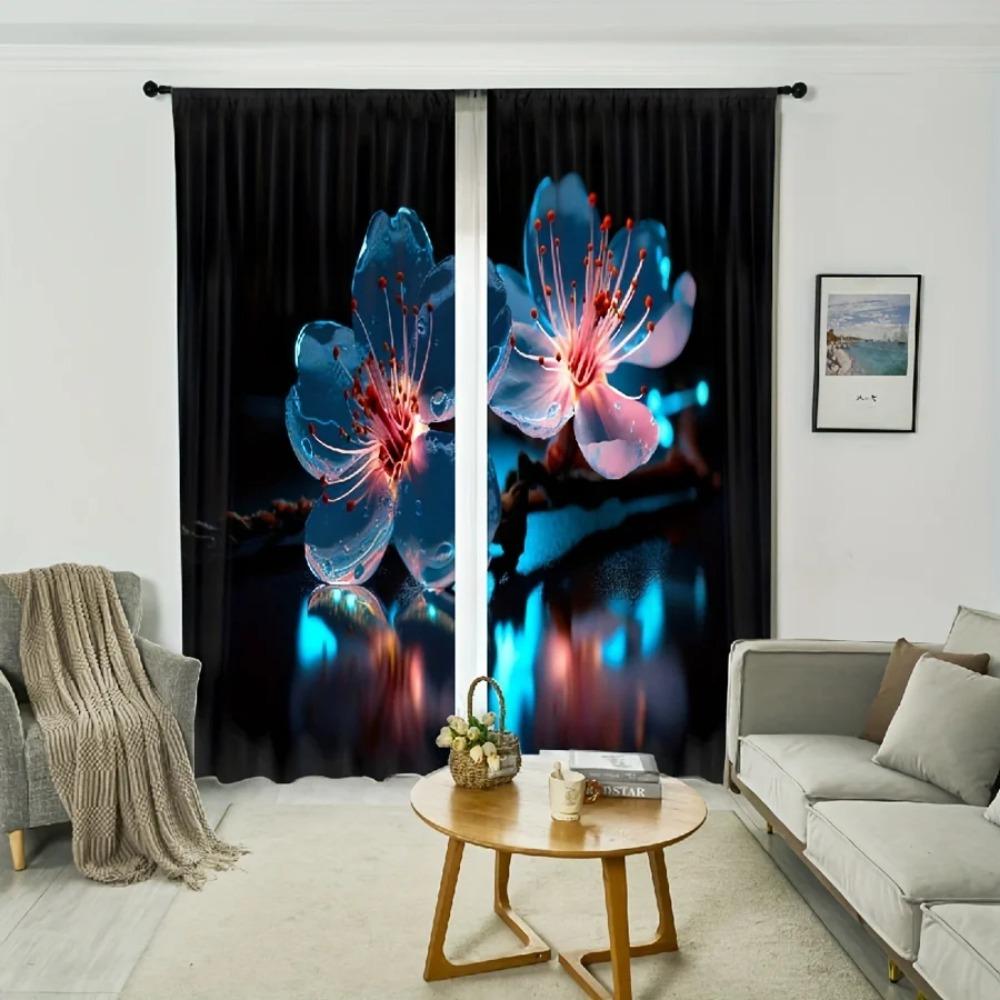 2pcs Flower Pattern Black Printed Curtain Rod Pocket Decoration Semi-blackout Curtain Living Room Bedroom Office Home Decoration