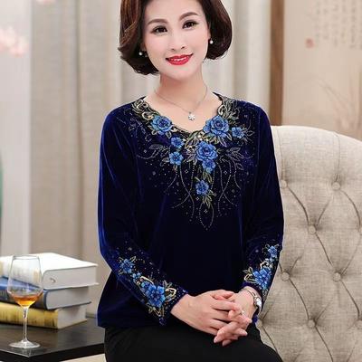 Women's Velvet Plus-Size Blouse  Embroidered V Neck Long Sleeve T-Shirt Loose Velvet Blouse Winter