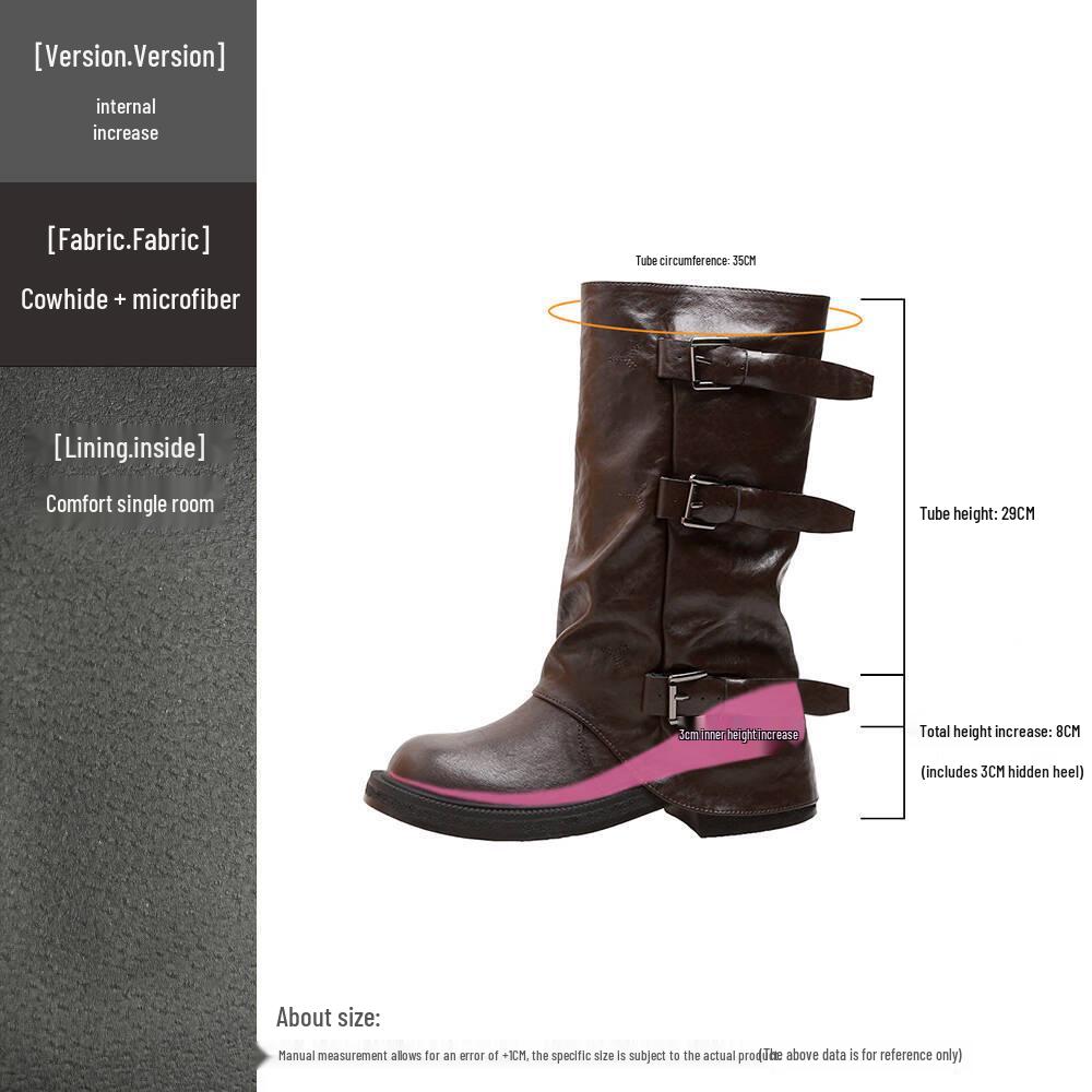 8cm Hidden Heel Women's Mid-Calf Boots - 2025 Autumn/Winter Collection, Thick Sole with Buckle & Wrinkled Design.